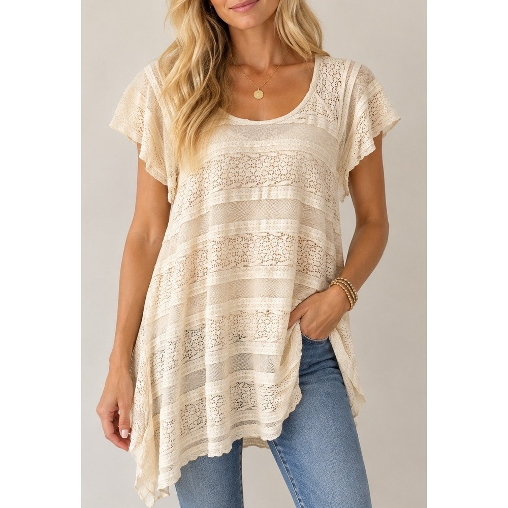 Cream Lace Tiered Short Sleeve Tunic Blouse 3XL Boho Romantic Asymmetrical Hem